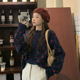 Sweet Cherries Printed Knitted Cardigan Sweater